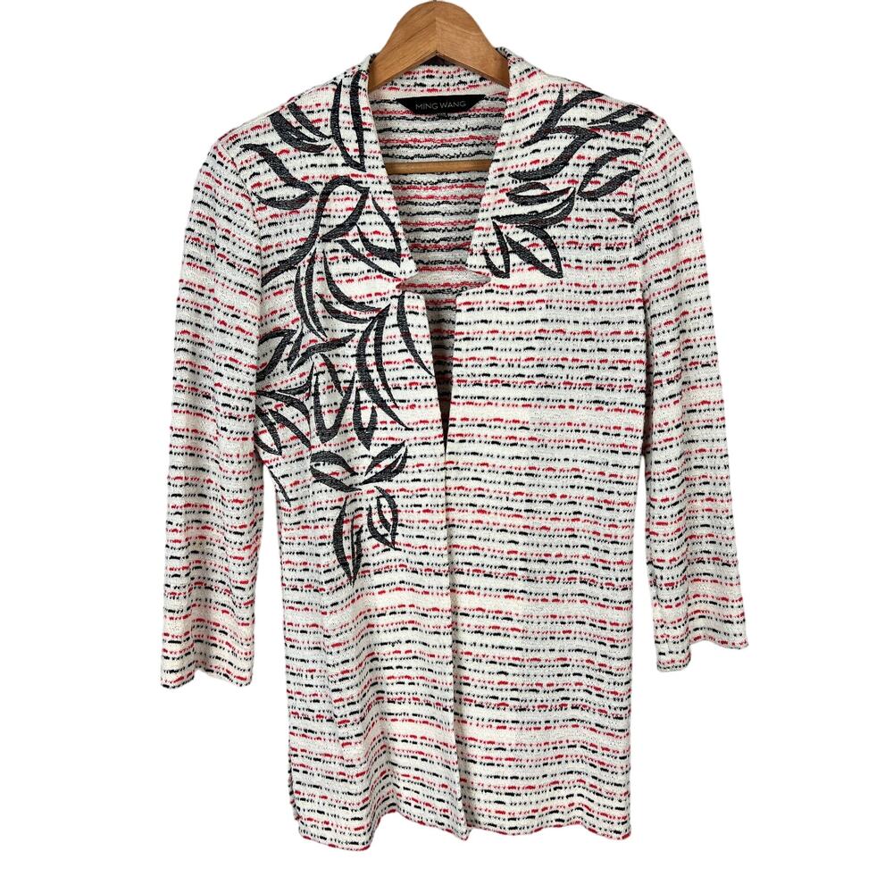 Ming Wang Women's PXS Art To Wear Lagenlook Embroidered Tweed Knit Jacket Blazer